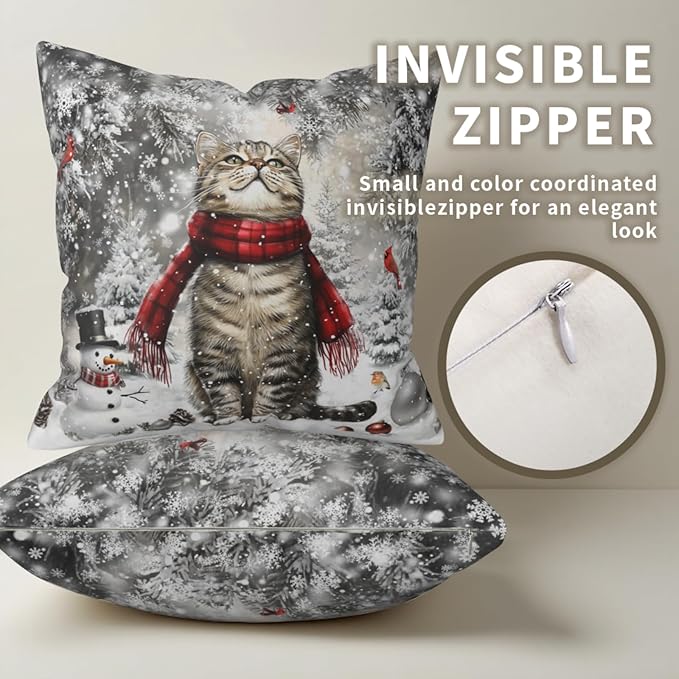 Winter Cat Pillow Cover - Christmas Kitten Throw Pillows Covers 16x16 Set of 2 Snowflake Pillow Cases for Sofa Bedroom