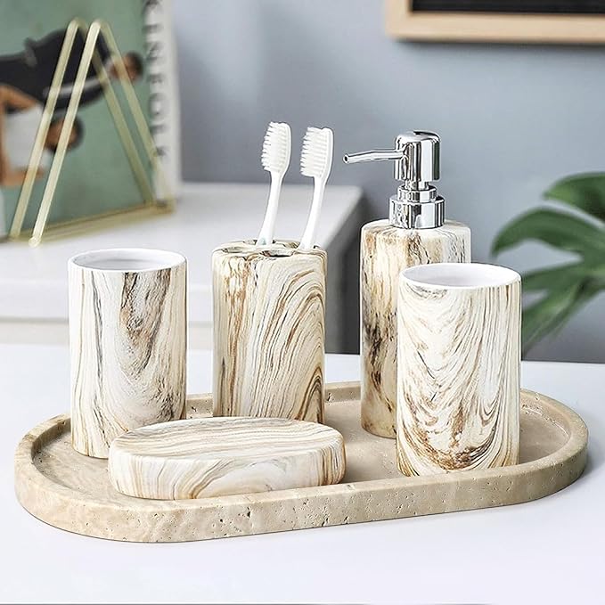 Natural Marble Tray, Oval Vanity Decorative Tray for Bathroom Counter, Countertop Stone Organizer, Catchall Tray for Kitchen, Perfume, Candles, Jewelry Dish Decorative Tray