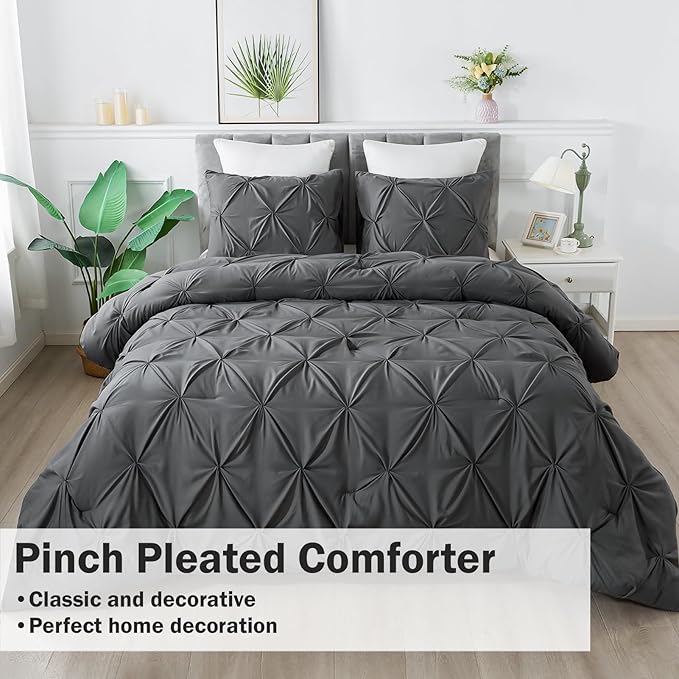 Andency Dark Grey King Size Comforter Set, 3 Piece Gray Pinch Pleat Fluffy Lightweight Bedding Set, All Season Soft Microfiber Bed Set