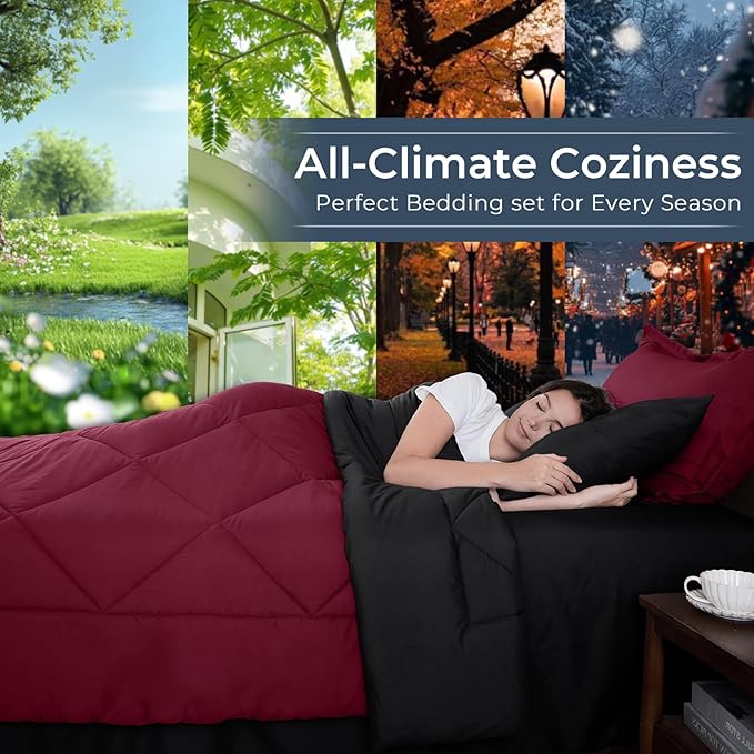 HEVUMYI Red & Black Twin-XL Comforter Set - 5-Piece All Season Bed in a Bag Twin-XL, Ultra Soft Bedding Set with Burgundy Comforter, Flat Sheet, Fitted Sheet, Pillowcases, Pillow Shams