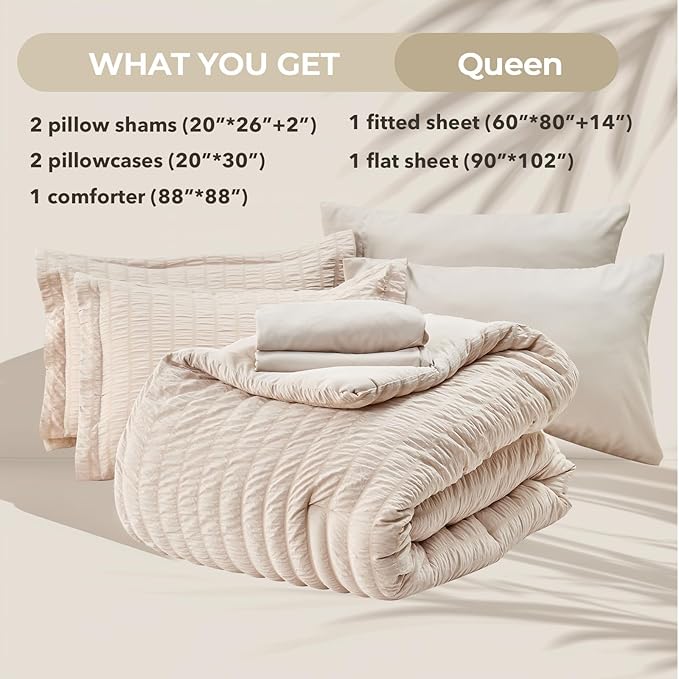 HYMOKEGE Beige Queen Comforter Set Seersucker 7 Pieces, All Season Luxury Bed in a Bag for Bedroom, Bedding Set with Comforters, Sheets, Pillowcases & Shams