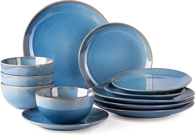 GBHOME Ceramic Dinnerware Sets for 4, 12 Pieces Stoneware Plates and Bowls Sets, Reactive Glaze Dishes -Scratch Resistant, Dishwasher&Microwave Safe-Alaskan Blue