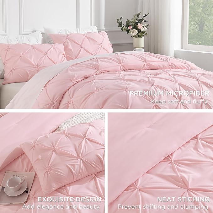 Andency Pink Comforter Set King(104x90Inch), 3 Pieces Soft Lightweight Cute Pinch Pleat Bedding Comforters & Sets, All Season Western Warm Down Alternative Bed Set for Girls Women