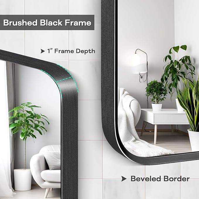 Wall Mount Mirror for Bathroom, Brushed Black Metal Framed Rounded Corner Rectangular Vanity Mirror (24" x 30", Black)