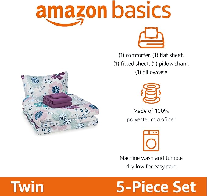 Amazon Basics 5 Piece Soft Microfiber Kid's Bed-in-a-Bag Bedding Set, Twin, Bluish Flowers, Floral