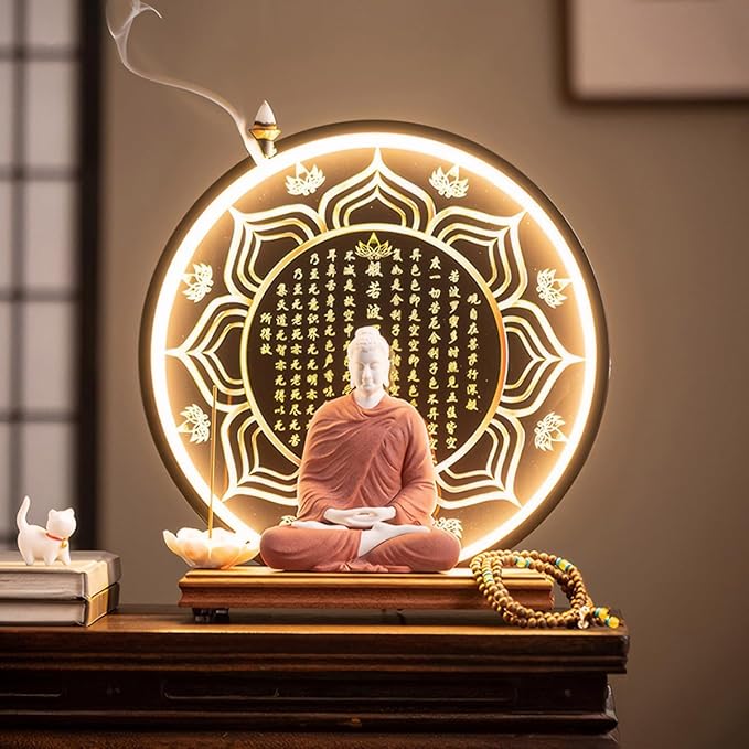 Shakyamuni Buddha Ceramic Statue Indoor Backflow Incense Burner with Led Ring Light Heart Meridian Painting，Meditation Decoration for Home and Office, Suitable for Cone and Stick Incense
