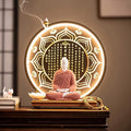 Shakyamuni Buddha Ceramic Statue Indoor Backflow Incense Burner with Led Ring Light Heart Meridian Painting，Meditation Decoration for Home and Office, Suitable for Cone and Stick Incense