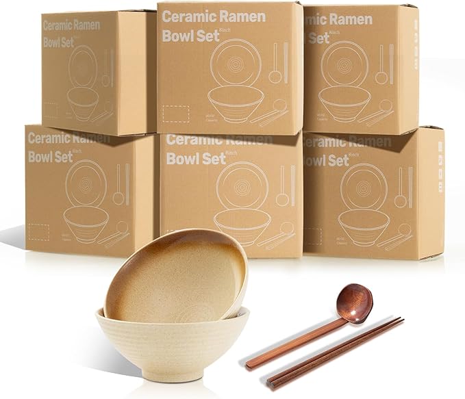 8 Inch Ceramic Ramen Bowl Set of 2, 40oz Japanese Bowls with Spoons & Chopsticks,Durable,Microwave & Dishwasher Safe,Perfect for Ramen,Pho,Salad,Soup,Noodles，Mixing bowls（Amber）