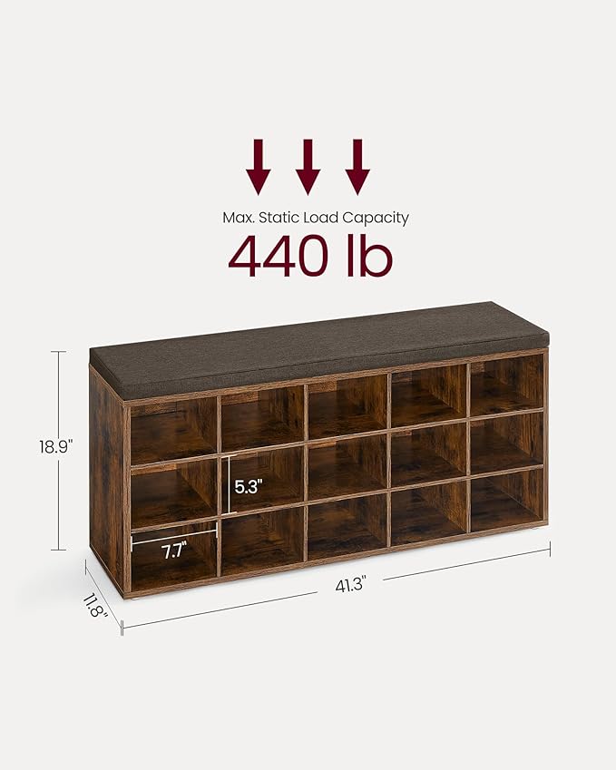 VASAGLE CUSTOS Collection - Shoe Bench, Storage Bench with Padded Seat, Entryway Bench with 15 Compartments, for Bedroom, 11.8 x 41.3 x 18.9 Inches, Rustic Brown and Chestnut Brown ULHS15BX