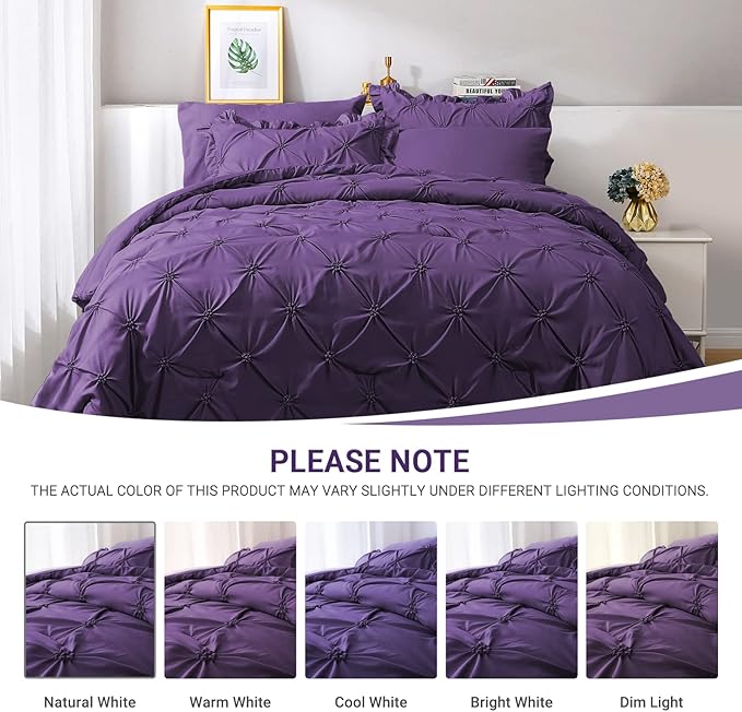 JOLLYVOGUE Purple Cal King Size Comforter Sets 7 Pieces, Pintuck Bed in a Bag Comforter Set for Bedroom, Bedding Comforter Sets with Comforter, Sheets,Ruffled Shams & Pillowcases