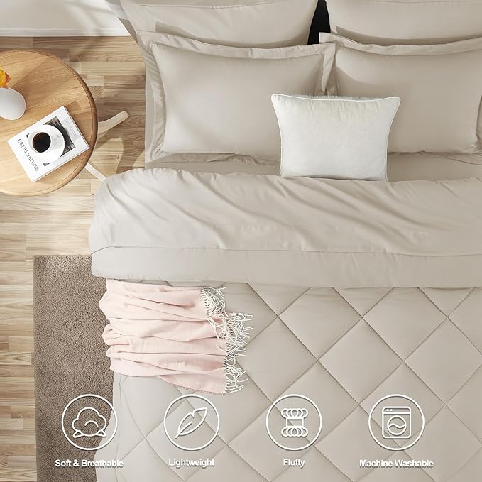 CozyLux Queen Comforter Set Beige - Bed in a Bag Queen Size 7 Pieces, Luxury Soft Bed Set for All Seasons, Bedding Set with Down Alternative Comforter, Sheets, Pillowcases & Shams