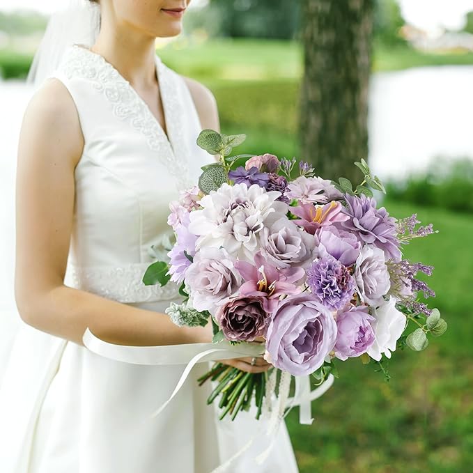AmyHomie Lavender Artificial Flowers Combo Silk Mix Peony Rose Fake Flowers w/Stem for DIY Wedding Bouquets Centerpieces Arrangements Table Fall Decor Party Bridal Baby Shower Home Decorations