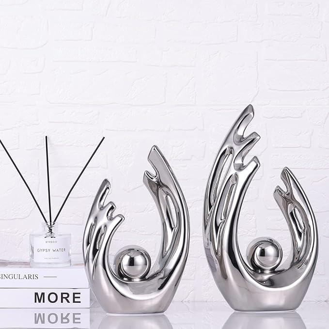 9.5" H Silver Aesthetic Room Decor Accent, TV Stand Funky Table Centerpiece, Abstract Art Ceramic Statue and Sculpture, Silver Decor for Living Room, Bookshelf Decorative Objects, Shelf