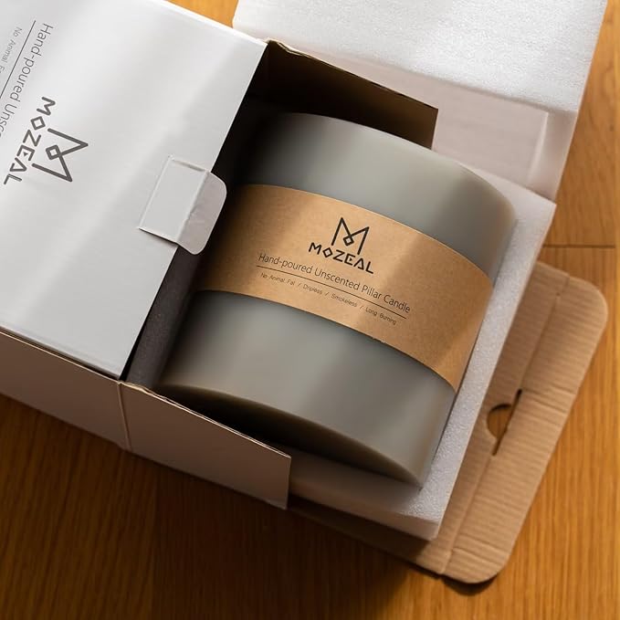 MOZEAL Extra Large 3 Wick Gray Pillar Candle, 6" x 6", Unscented, Dripless, Smokeless, and Clean-Burning. Approx. 120 Hours of Burn Time. Perfect for Weddings, Dinners, Christmas and Home Decor