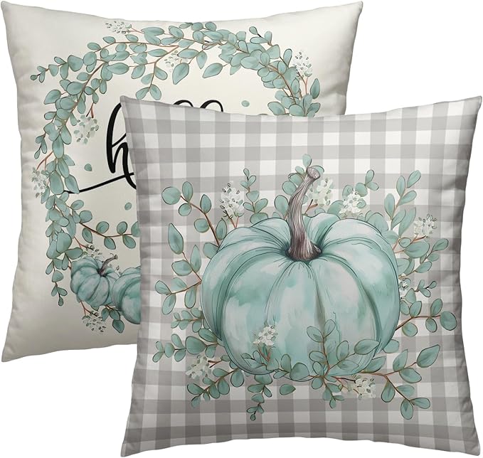 Fall Pumpkin Throw Pillow Covers - Autumn Harvest Pillow Covers 20x20 Teal Grey Pumpkins Pillow Cases Thanksgiving Cushion Case for Farmhouse Porch Patio Outdoor Indoor Home Decor