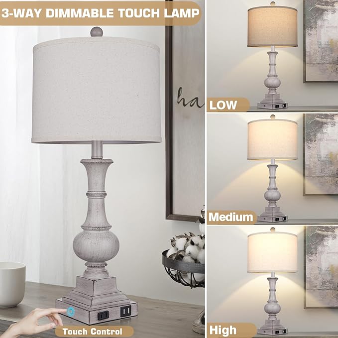26" Farmhouse Table Lamps Set of 2, Rustic Touch Control Bedside Lamps with 2 USB Ports & AC Outlet, Vintage Resin 3-Way Dimmable Nightstand Lamp Linen Fabric Shade for Living Room Bedroom Decor Gray