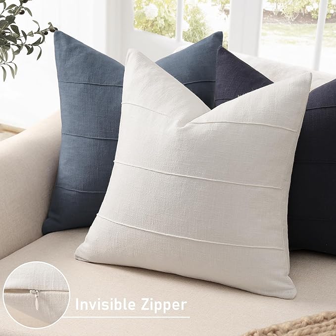 Decorative Linen Throw Pillow Covers 18x18 Set of 2 Solid handcrafted Striped Cushion Covers for Bed Soft Modern Farmhouse Neutral Pillowcase for Couch Bedroom Living Room Home Decor(Cream White)