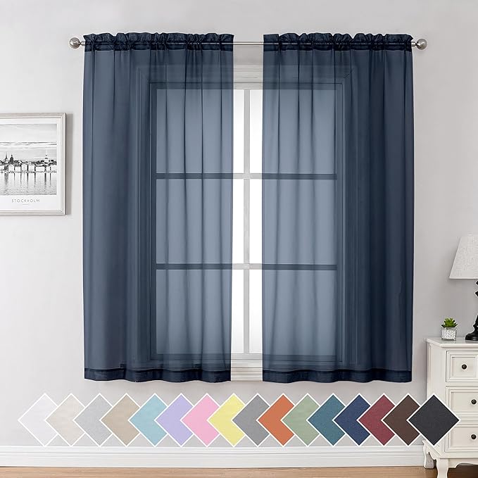 Aiyufeng Navy Blue Sheer Curtains 63 inch Length 2 Panels Set, Sheer Blue Curtains for Bedroom and Living Room, Light Filtering Dual Rod Pocket Voile, Each 40 Width by 63 Length