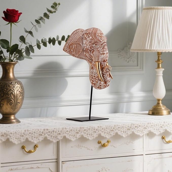 Elephant Head Statues Elephant-Shaped Decor Home Living Room Decor Sculpture Shelf Decorations Ornaments Office Figurine Desktop Accent Aesthetic Collectibles (White-Brown)