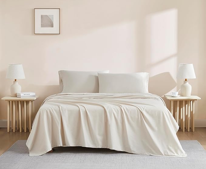 Linen Closet 100% Organic Cotton Twin Sheet 3 Pcs Set, Cotton Sheets with 16” Deep Pocket, Beige | Bed Sheets for College Dorm Essential, Crisp & Breathable, Percale, Comfy, Naturally Cooling