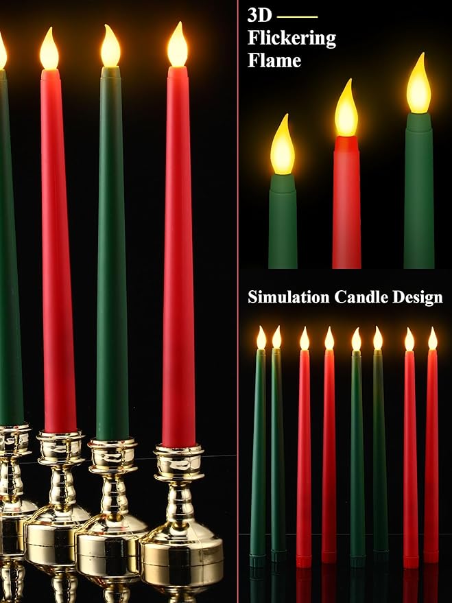 Funtery 48 Pcs Flameless LED Taper Candles 11 Inch Battery Operated Flickering Candles Bulk for Christmas Church Wedding Party (Red, Green, Classic Style)