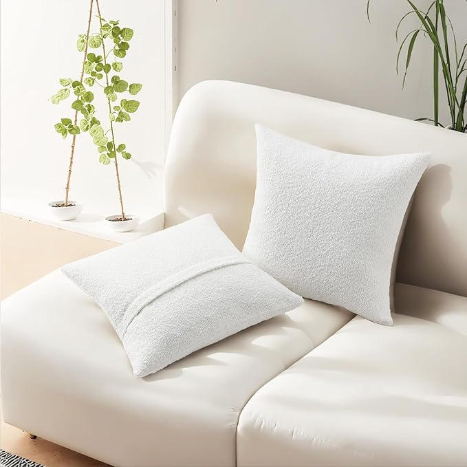 HAUSSY Set of 2 22x22 Decorative Throw Pillow Covers, Soft Cozy Textured Boucle Couch Cases, Home Decor for Couch Bed Living Room, White