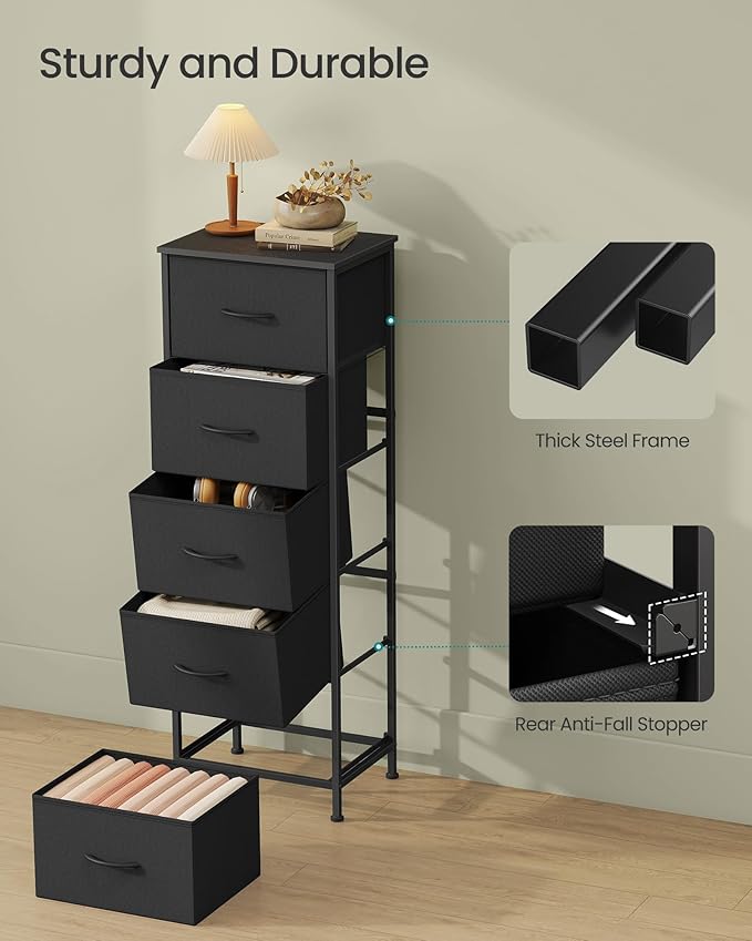 SONGMICS Dresser for Bedroom, Chest of Drawers, Steel, MDF, 5 Non-Woven Fabric Drawers, Storage Organizer Unit, Closet, Entryway, Ink Black and Ebony Black LGS315B01S