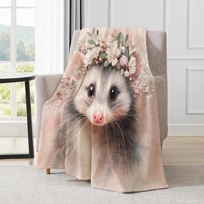 Cute Possum Blanket - Adorable Sweet Opossum Flower Crown Fleece Throw,Gifts for Kids Adult, Soft & Warm,Lightweight, for Modern Decor,Animal Lovers, and Room Home Accents 50x60in