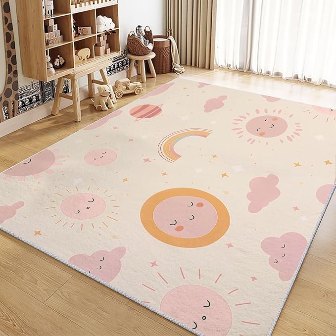 Area Rugs for Living Room 4x6 ft Cartoon Sun Rainbow Non Slip Area Rug, Ultra Soft Low-Pile Floor Carpet, Durable Washable Rug for Bedroom, Dining Room, Home Office