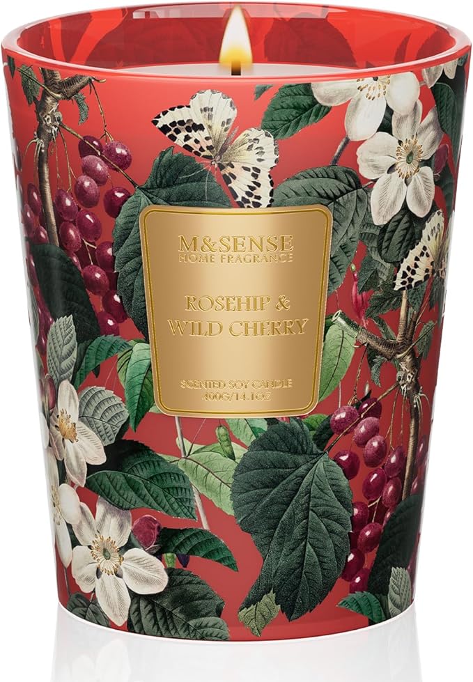 M&SENSE Wild Cherry Scented Candle, Natural Soy Wax Candles 14.1oz 60H Slow Burning Non Toxic, Fall Winter Stress Relief Romantic Thanksgiving Christmas Gifts for Women Home Decor