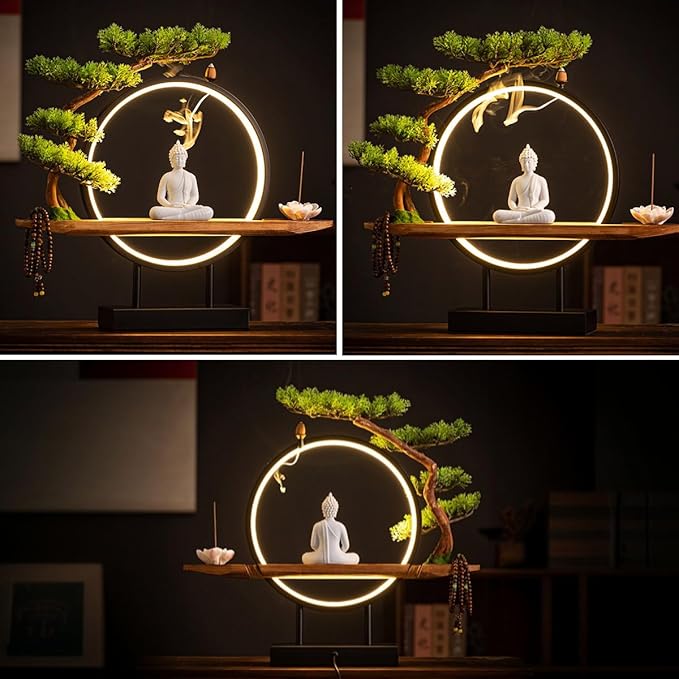 Shakyamuni Buddha Ceramic Statue Indoor Backflow Incense Burner with Led Ring Light，Meditation Decoration for Home and Office, Suitable for Cone and Stick Incense