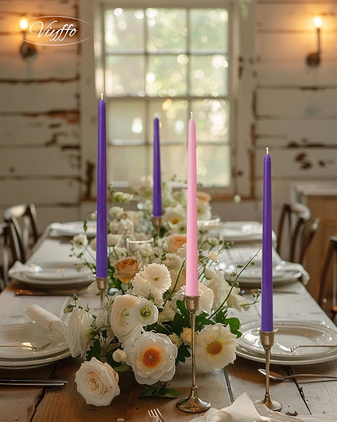 Viyffo Advent Taper Candles 12 Inch Purple & Pink 4 Pack – 9-Hour Burn Special Edition Unscented Dripless Smokeless Long Tapered Candlesticks for Church Services & Holiday Celebrations