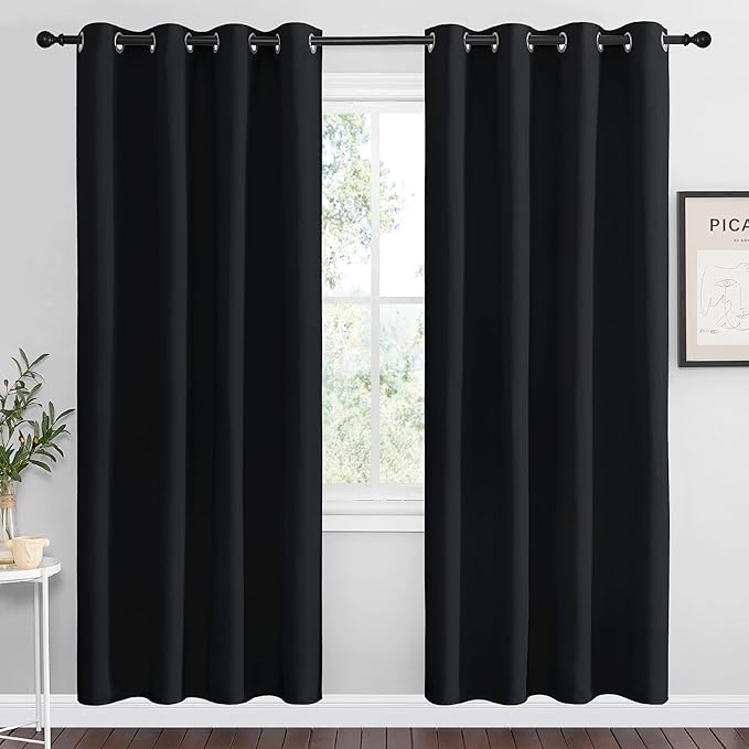 NICETOWN Blackout Curtain Panels 78 inches - Light Reducing Thermal Insulated Solid Grommet Blackout Curtains/Panels/Drapes for Living Room (Set of 2, 55 inches by 78 Inch, Black)