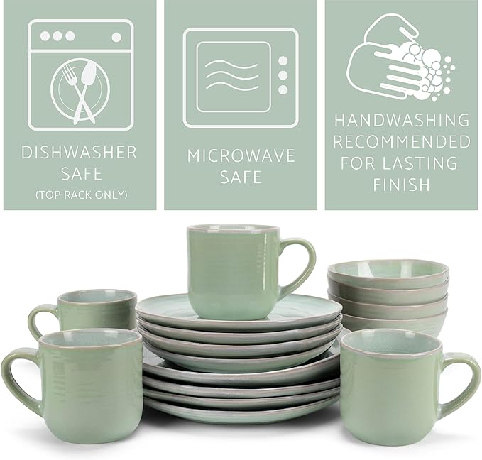 Elanze Designs Reactive Glaze Farmhouse Rustic Boho Ceramic Stoneware Dinnerware 16 Piece Plate Bowl Mug Dish Set - Service for 4, Seafoam Mint Green