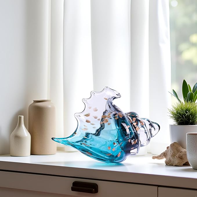 XMGZQ Hand Blown Glass Conch Statue,Sea Glass Art Figurine, Coastal Home Decor with Sea Shells, Living Room TV Stand Above Cabinet,Bookcase,Beach Decoration,Entryway Conch Horn Figurines