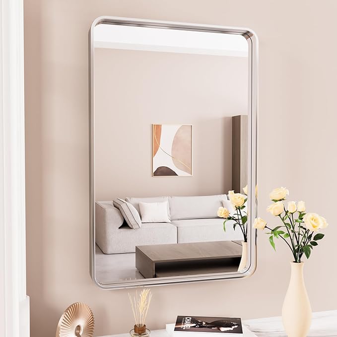 Brushed Nickel Bathroom Mirror, 22x30 Inch Thick Silver Metal Rectangle Frame Wall Mirror, Modern Round Corner Bathroom Vanity Mirror for Over Sink, Bedroom, Living Room, Entryway