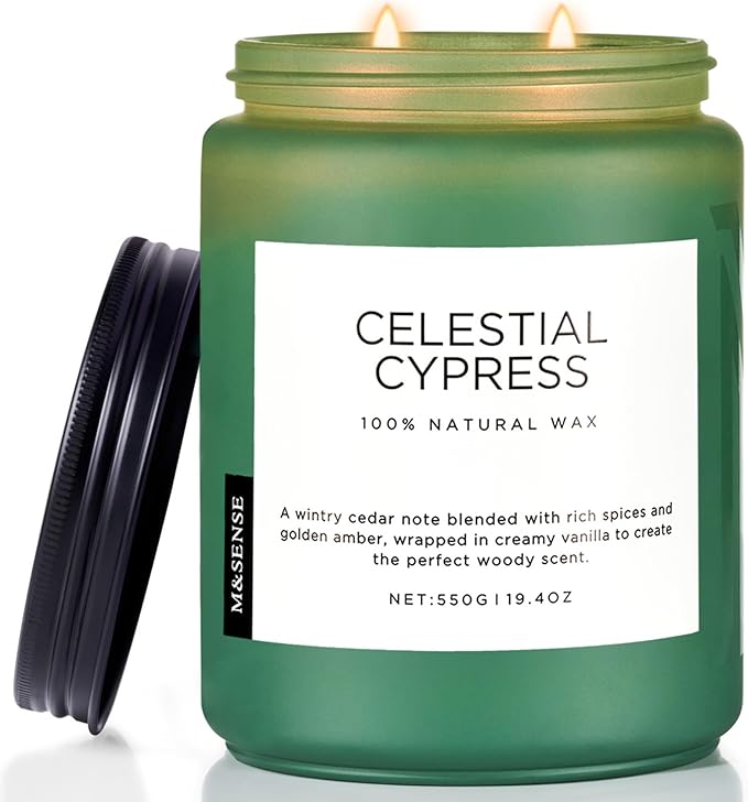M&SENSE Celestial Cypress - Cedar & Spice Soy Jar Candles, Cedarwood Cardamom Large Winter Scented Candles 19.4oz 110 Hour Long Lasting Burn, Non Toxic Natural Warm Woody Scent Gifts for Men Women
