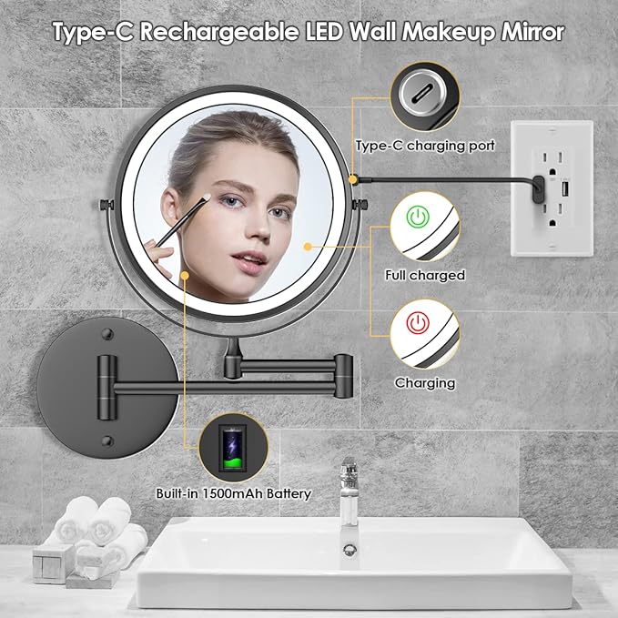 Rocollos Rechargeable Wall Mounted Lighted Makeup Mirror, 8 Inch Double-Sided LED Vanity Mirror 1X/10X Magnification,3 Color Lights Touch Screen Dimmable 360°Swivel 13 Inch Extendable