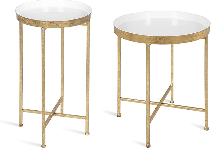 Kate and Laurel Celia Round Metal Foldable Tray Accent Table, White with Gold Base