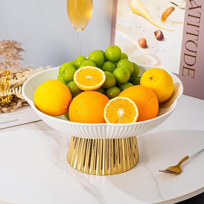 Ceramic Fruit Bowl, 11 Inch Large Table and Tea Coffee Pedestal Tray，Elegant and Practical Bread and Fruit Footed Bowls for Kitchen Counter, Salad or Dessert Display Trays for Parties(White).