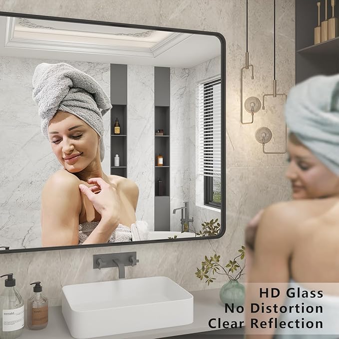 CHAMROR 55x36 Inch Black Metal Framed Bathrrom Mirror for Wall, Black Rounded Rectangle Mirror, Matte Black Bathroom Vanity Mirror, Anti-Rust, Tempered Glass, Hangs Horizontally or Vertically