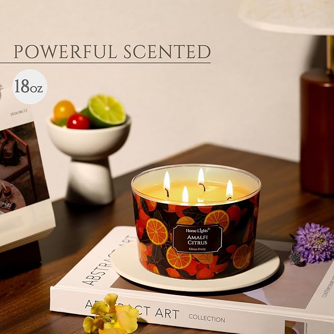 HomeLights 4-Wick Candles for Home Scented - 18oz Soy Wax Blend Candle Long-Lasting Fragrance, Eclectic Mixed Styles Home Decor and Housewarming Gifts, Amalfi Citrus