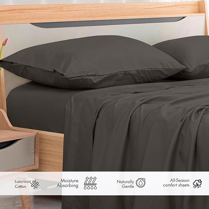Royale Linens 300 Thread Count 100% Long Staple Combed Cotton Flat Sheet - Super Soft - Top Sheets - Queen Flat Sheet Sold Separately - Breathable, Cool & Crisp Percale Sheets Only (Queen, Grey)