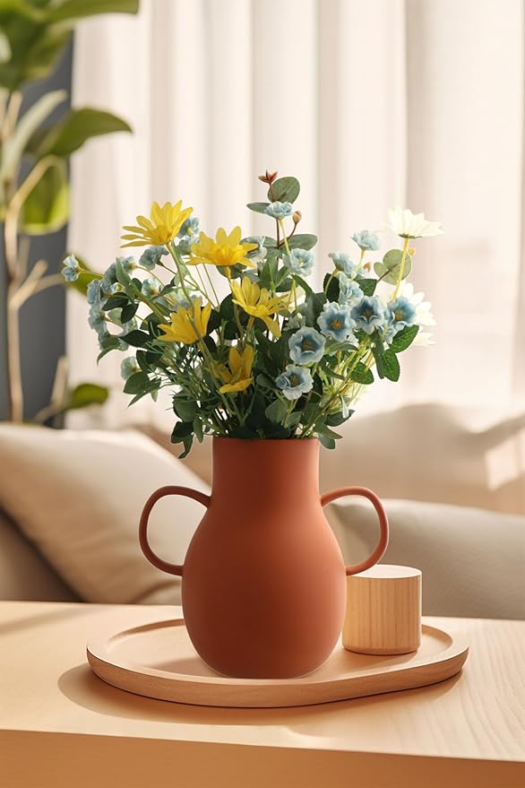 Terracotta Vases Sets of 2,8inch Decorative Ceramic Vases,Rustic Farmhouse Handle Flower Vase,Clay Decorative Vases for Living Room,Table,Shelf