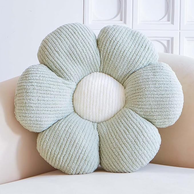 Sage Green Flower Decorative Throw Pillows, Cute Daisy Shaped Plush Aesthetic Pillow, Soft 19.6" Floor Seat Cushion