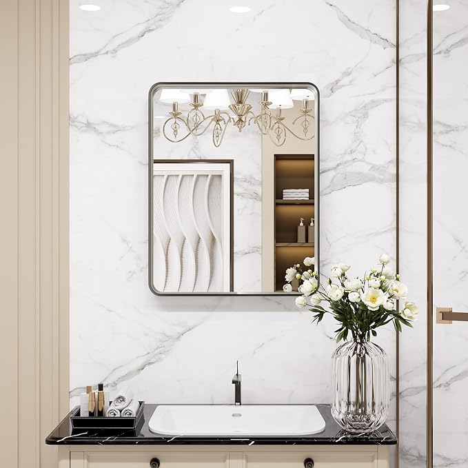 LOAAO 20x16 Inch Brushed Nickel Bathroom Mirror, Rounded Rectangle Silver Metal Frame Mirror, Brushed Nickel, Anti-Rust, Shatter Proof, Hangs Horizontally or Vertically