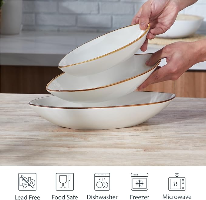 ONEMORE Serving Bowls and Platters Set of 3 - Ceramic Oval Serving Dishes for Pasta, Salad, Soup, Fruit - Perfect for Entertaining, Parties, Housewarming, Wedding, and Gifts - White