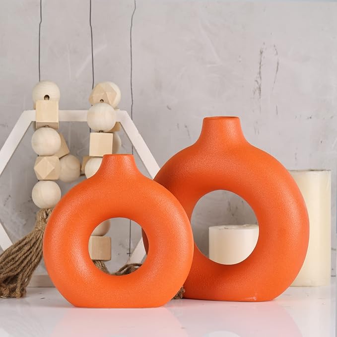 Orange Ceramics Vase for Home Decor,Minimalist Nordic Hollow Donut Vase Set of 2,Modern Boho Decor for Kitchen Table Centerpiece,Living Room,Fire Place,Bookshelf,Office,Entryway,Console