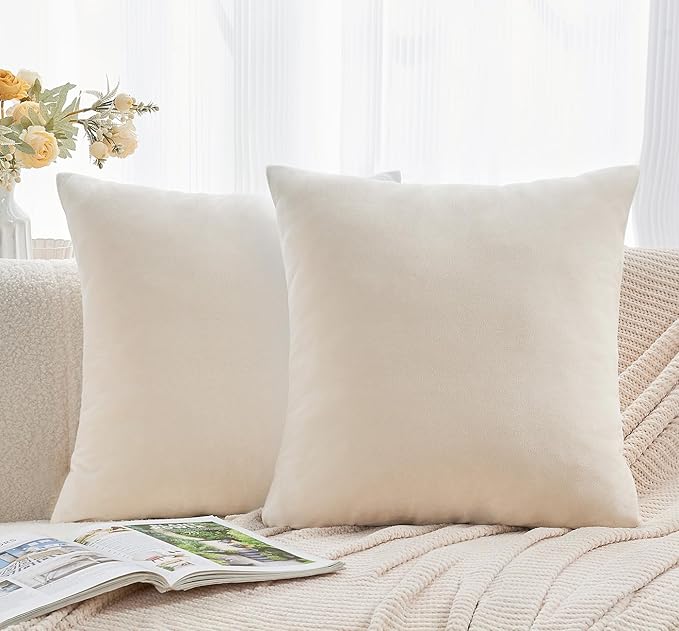 Throw Pillow Covers Neutral Beige Set of 2 16x16 Inch Pillow Covers, Soft Velvet Farmhouse Decorative Pillowcases for Couch Sofa Bed, Home Boho Decor, Modern Cushion Covers