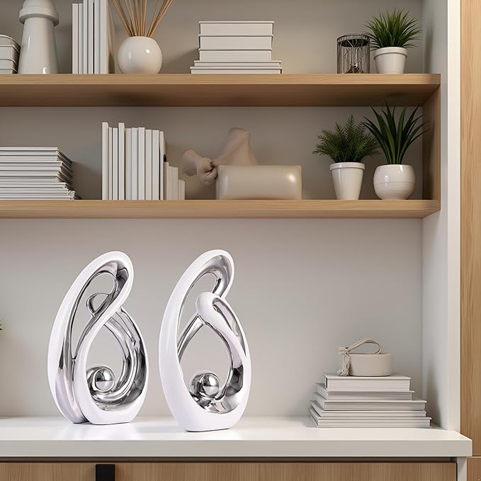 Home Decor Accent,Porcelain Art Mid Century Bookshelf Decorations,Gold Centerpieces for Tables,Abstract Ceramic Statue Sculpture for Coffee Table Mantel Tv Stand Centerpieces (White Silver, Small)